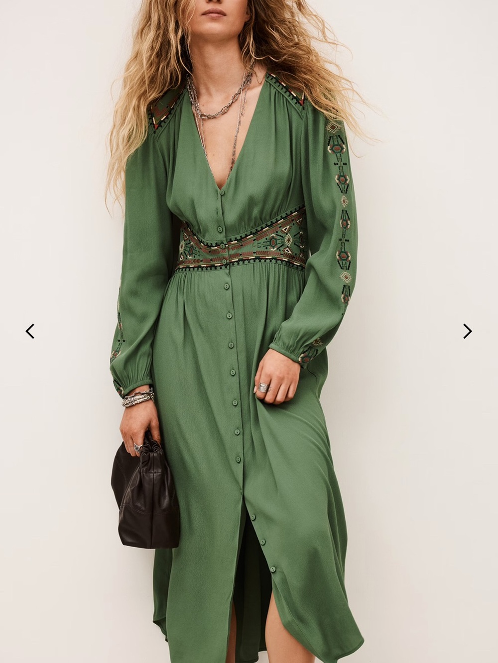 ba&sh Olive Green Embroidered V-Neck Button-Front Midi Dress